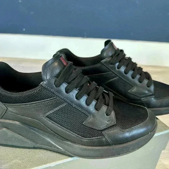 AUTH PRADA AMERICAS CUP SNEAKERS SHOES 4E2816 BLACK LEATHER US 8.5 - Picture 7 of 13